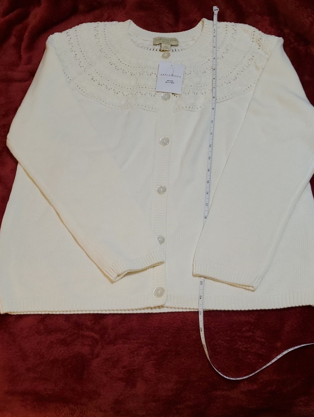 NWT APPLESEED's PETITE LARGE IVORY CROCHET LACE YOKE CARDIGAN SWEATER SZ PL SOFT